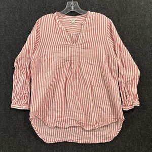 LL Bean Shirt Women's Medium Pink White Stripe 100% Linen Tunic Popover Top
